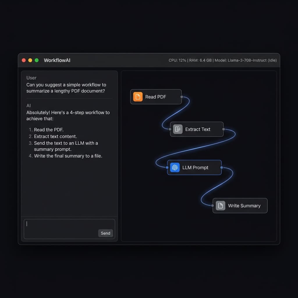 NextFlow AI visual workflow canvas showing a PDF summarization workflow with chat interface, node cards for Read PDF, Extract Text, LLM Prompt, and Write Summary, connected by glowing blue lines